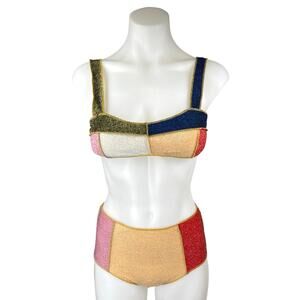 Boohoo Multicolor Colorblock Glitter Strappy Swim Bikini Swimwear Set Size S